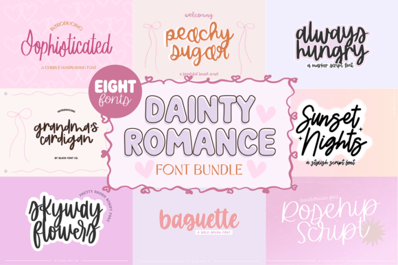Dainty Romance Script Bundle: Eight Enchanting Fonts for Elegant Designs